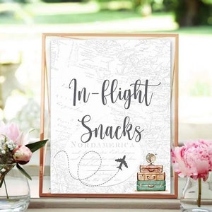 Auf dem Flug Snacks Schild Brautdusche Reisen von Fräulein zu Frau Abenteuer Erwartet Bachelorette Vintage Karte Babyparty Paardusche PLN1