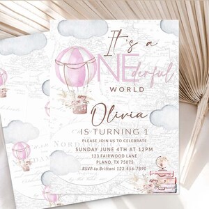 It&#39;s a Onederful World Birthday invitation 1st Birthday invite Printable Adventure Theme Pink Hot Air Balloon Miss Onederful Birthday 0049