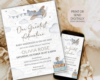 Peut inclure: Faire-part de baby shower sur le thème du voyage vintage. Le design présente un avion à l'aquarelle, des nuages et le texte "Our Greatest Adventure". L'invitation comprend les détails d'une baby shower en l'honneur d'Olivia Rose.