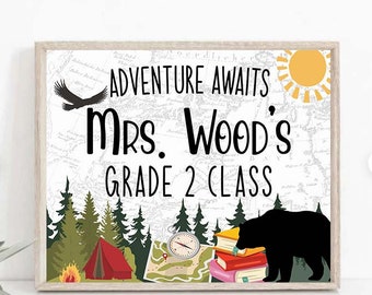 Editable Adventure Classroom Door Sign World map Customized Teacher Name Sign, Camping theme classroom poster Explore Learn Grow Printable