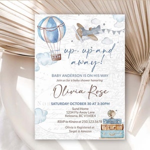 Up Up and Away Hot Air Balloon Baby Shower Invitation Blue Beige Tan Adventure Awaits Baby Shower Travel themed Airplane baby shower 0017a