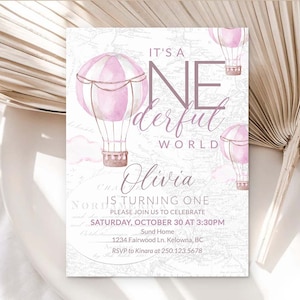 What a Onederful World Birthday invitation Printable invite Girl 1st Birthday invite Adventure Awaits Pink Hot Air Balloon Party Theme 0049