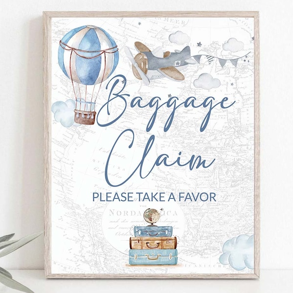 Hot Air Balloon baby Shower Baggage Claim Boy Baby Shower Adventure Awaits Favor Sign Travel themed Return Gift Printable Poster 8x10 0017a