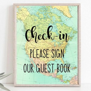 Graduation Guest Sign In Check In Grad 2023 decor Grad 2022 party printables Adventure Awaits Travel theme graduation Map Poster BRT1