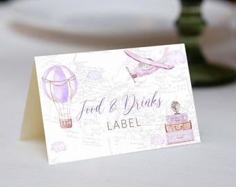 May include: A white card with a purple hot air balloon, a pink airplane, and suitcases. The card has a vintage map background and the text "Food & Drinks Label".