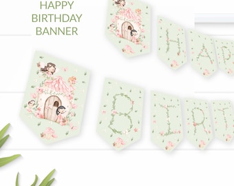 Happy Birthday Banner Fairy Birthday Banner Enchanted Forest Girl Birthday Woodland Fairy Butterfly Banner Download PRINTABLE DIGITAL 0113
