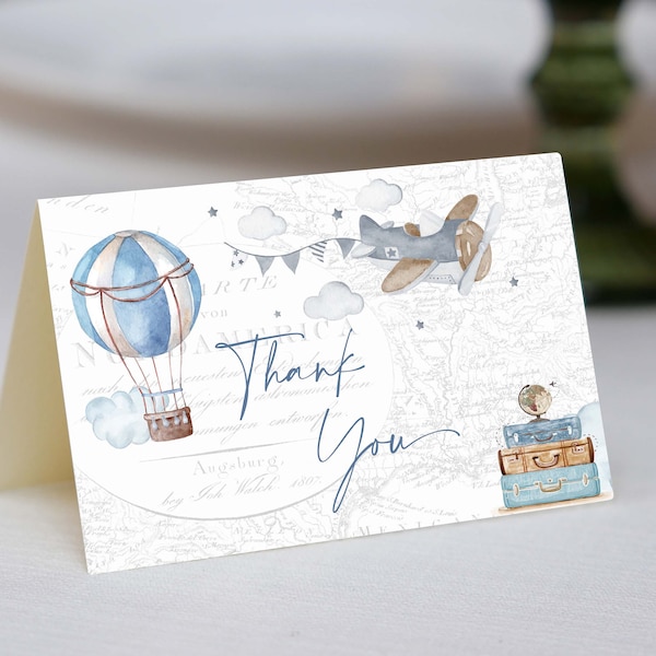 Printable Travel Thank You Card Baby Shower Thankyou Note Adventure Awaits Birthday Hot air Balloon Suitcases Blue Map thank you card 0017