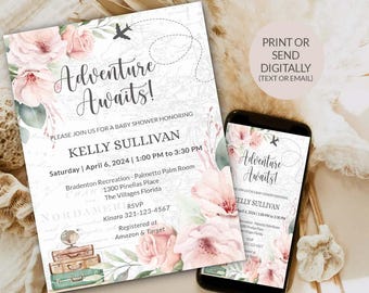 May include: A pink and green baby shower invitation with a watercolor floral design and the text "Adventure Awaits!"  Please join us for a baby shower honoring Kelly Sullivan. Saturday, April 6, 2024, 1:00 PM to 3:30 PM. Bradenton Recreation - Palmetto Palm Room, 1300 Pinellas Place, The Villages Florida. RSVP Kinara 321-123-4567. Registered at Amazon & Target.