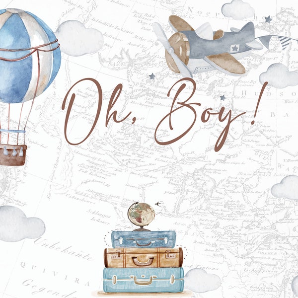 PRINTABLE Travel Theme Baby Shower Backdrop Map Boy Adventure Awaits Photo backdrop Digital Download Travel theme Backdrop Oh Boy 0017