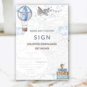 Baby Shower personalizzato Boy Meets World, cartello blu beige marrone chiaro, Adventure Awaits Baby Shower, tema viaggio, aeroplano, mongolfiera, baby shower 0017a