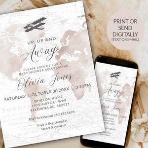 L'avventura attende l'invito per l'acquazzone del bambino Beige Tan Viaggio vintage a tema Invito per aereo Invito senza carta Invito digitale stampabile 0102