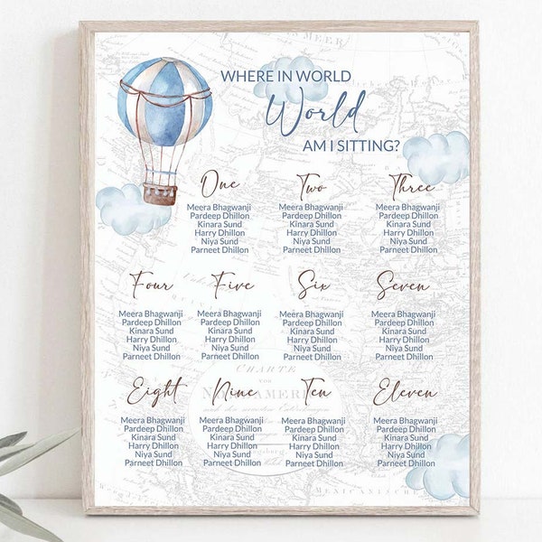 Seating Chart Hot Air Balloon Baby Shower Blue Beige Adventure Awaits Baby Shower theme Travel themed baby shower 0017