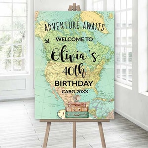 Birthday Welcome sign, Travel theme Birthday Printable sign, Adventure Awaits Birthday party Poster, Destination Birthday, Wanderlust BRT1