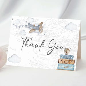 Druckbare Reise Dankeschön Karte Baby Shower Dankeschön Abenteuer Erwartet Geburtstag Flugzeug Koffer Blau Karte Danke Karte 0018