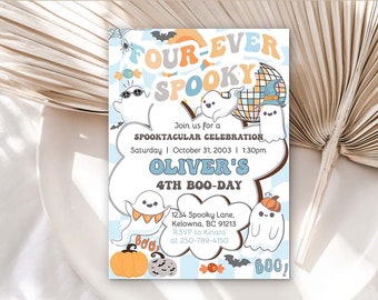 May include: A blue and white invitation card with a ghost theme. The card says "Four-Ever Spooky" and "Oliver's 4th Boo-Day". It also includes the date and time of the event, the address, and RSVP information.