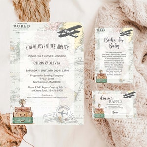 L'aventure attend un paquet d'invitations pour une baby shower, une carte sur le thème du voyage invite les couples à prendre une douche, un modèle d'invitation d'avion vintage modifiable 0011