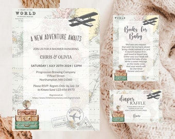 Peut inclure: Une invitation à une fête prénatale sur le thème du voyage. L'invitation présente un avion vintage, des valises et une carte du monde. Le texte indique "Une nouvelle aventure vous attend" et comprend les noms Chris & Olivia, la date et l'heure de la fête, ainsi que le lieu. Il y a également deux cartes supplémentaires, l'une pour une demande de livre et l'autre pour une tombola de couches.