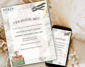 Printable Adventure Awaits Baby Shower Travel themed baby sprinkle Travel theme Gender Reveal party Invitation template printable 0011