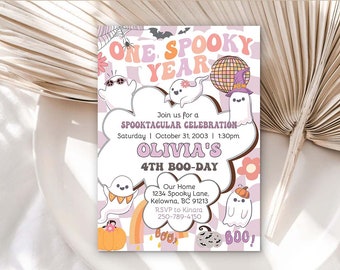 Editable One Spooky Halloween 1st Birthday Invitation Retro Groovy Pink Ghost Birthday Hippie Halloween Party Girl First Ghost Invite 0051