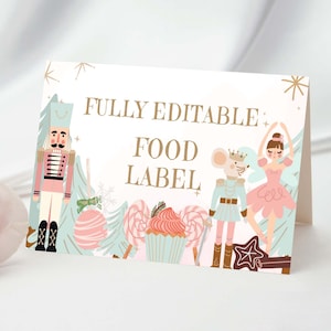 Schiaccianoci compleanno etichetta modificabile tenda stile terra di dolci invito inverno rosa ragazza zucchero prugna fata balletto Natale buffet etichette 0068