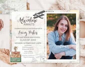 Adventure Awaits Graduation Invitation with picture travel theme Grad 2024 Map decoration for Graduation party theme Editable Printable 0011