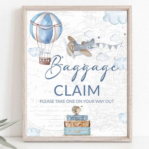 Baggage Claim sign printable Travel themed baby shower Hot Air Balloon Boy Party Decor Blue Adventure Awaits Airplane Aviation 0017a