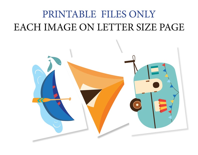 May include: Three printable images featuring a blue canoe with oars, an orange tent, and a blue camper with a white roof and red and yellow bunting. Each image is on a white background.