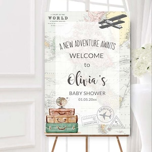 Travel theme baby shower Printable sign Welcome sign Around the World baby shower Personalized Adventure Awaits Poster World Map theme 0011