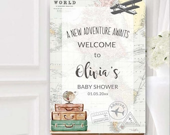 Travel theme baby shower Printable sign Welcome sign Around the World baby shower Personalized Adventure Awaits Poster World Map theme 0011