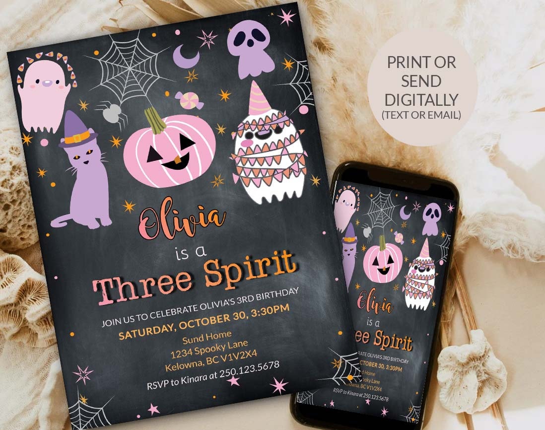 EDITABLE Three Spirit Halloween Girl Birthday Ghost Invitation Pink Halloween Spooky Cute Ghost Spooktacular Third 3rd B'day Party 0078