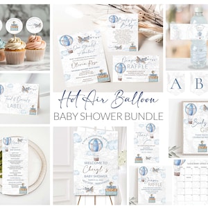 Editable Hot Air Balloon Baby Shower Bundle Baby Landing Soon Adventure Awaits Up Up Away Travel Theme Vintage Map Boy Shower Bundle 0017