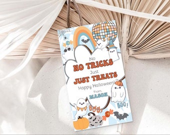 May include: A blue and orange Halloween treat bag with ghosts, pumpkins, and bats. The bag says "No Tricks Just Treats" and "Happy Halloween! From Mason".