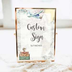 Aangepaste sjabloon avontuur wacht Onederful verjaardag afdrukbare 5 x 7 inch teken reizen thema babyshower gepersonaliseerd vliegtuig partij teken GR1