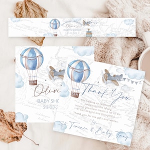Etiquetas cuadradas de 4 pulgadas con diseño de globo aerostático azul para baby shower, con temática de viajes, aventura en azul y beige, etiquetas para recuerdos de fiesta en avión, decoración con mapa 0017a