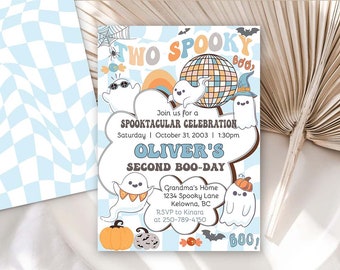 May include: A blue and white checkered background with a white invitation card. The card has a cartoon ghost theme with the text "Two Spooky Boo!" and "Oliver's Second Boo-Day". The invitation is for a Spooktacular Celebration on October 31, 2003, at 1:30pm. The invitation includes the address "Grandma's Home, 1234 Spooky Lane, Kelowna, BC" and an RSVP number.