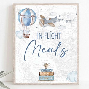 1st Birthday Boy&#39;s erste Geburtstagsparty Zeichen Printable What a Onederful World Abenteuer Geburtstag Poster Inflight Meal 0017a
