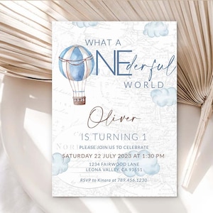 First Birthday Invitation What a Onederful Birthday Printable invite 1st Birthday Adventure Theme Onederful Hot Air Balloon birthday 0017