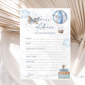 Tarjetas imprimibles con consejos y deseos para baby shower de niño con globo aerostático, la aventura te espera, baby shower con temática de viajes, arriba arriba y lejos 0017a