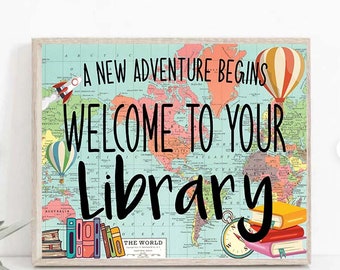 Library Welcome to Classroom Door Sign World map Adventure Themed  Classroom Door Hanger, Map, World, Grade home school Classroom Door Sign
