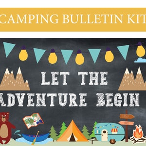 Kit de tablero de anuncios con temática de campamento Decoración para el hogar y la escuela Aventura al aire libre en el bosque Aula de primaria Boletín ¡Que comience la aventura!