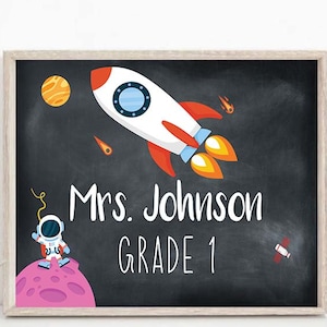 Aula a tema spaziale, insegna sulla porta dell'insegnante stampabile, poster di benvenuto in classe, targhetta con nome personalizzata, appendiabiti sulla porta della scuola, classe elementare
