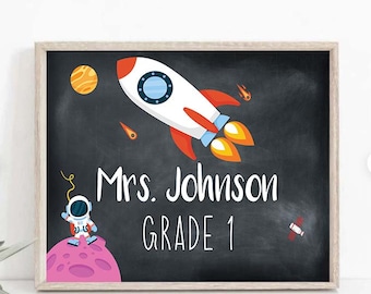 Tema espacial Aula, Letrero de puerta del maestro imprimible, Cartel de bienvenida al aula Placa de nombre personalizada, Colgador de puerta de la escuela, Clase primaria