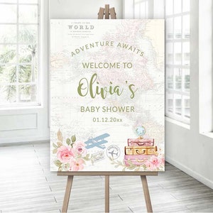 Reisthema Welkomstbord babyshower Blush Pink Adventure wacht op babyshower thema vliegtuig babyshower afdrukbare bewerkbare Corjl 0062