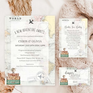 L'aventure attend un paquet d'invitations pour une baby shower, une carte sur le thème du voyage invite les couples à prendre une douche, un modèle d'invitation d'avion vintage modifiable 0011