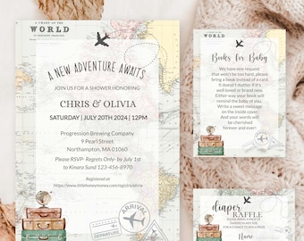 Peut inclure: Ensemble de faire-part de baby shower sur le thème du voyage. L'invitation présente un fond de carte du monde et le texte "A New Adventure Awaits". Comprend des informations RSVP et une demande de livres au lieu de cartes. Comprend également une carte de tombola de couches.