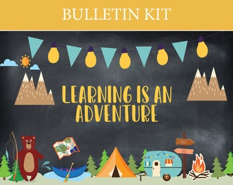 Kit de tablero de anuncios con temática de campamento Decoración para el hogar y la escuela Aventura al aire libre en el bosque Aula de primaria Boletín El aprendizaje es una aventura