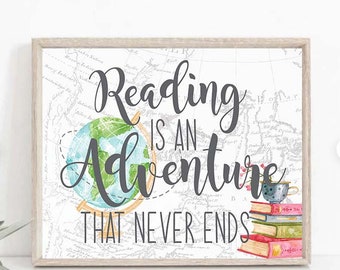Reading Printable Poster, Classroom Reading Nook, Classroom Reading Poster, Reading is an adventure, Library decor, classroom tapestry RE01