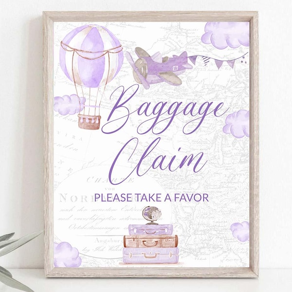 Baggage Claim Sign Digital Download,  Purple Travel Theme Birthday Printable Decor 0103