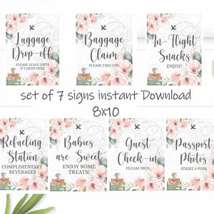 Conjunto de placas para chá de bebê de viagem Adventure Awaits Map Chá de bebê Chá floral rosa Decoração de viagem para impressão Depósito de bagagem Reivindicação de bagagem PLN2