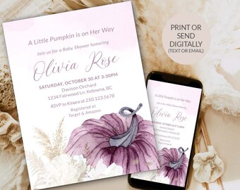 Editable Pumpkin Baby Shower Girl invitation Set Purple Little Pumpkin Invite Fall minimalist Baby shower Invite Printable Template 0055
